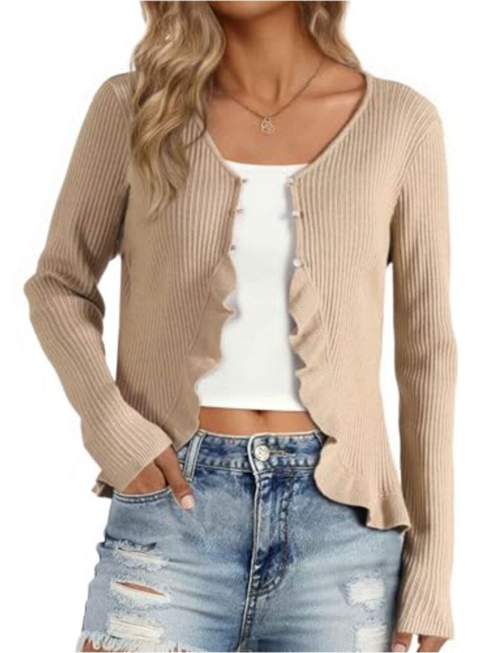 Ruffled V-Neck Cardigan for Women Long Sleeve Open Front Bolero Shrug